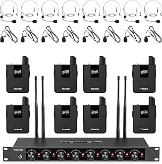 Wireless Microphones System with 8x12 Channels Headset/Lavalier Lapel Mics, Bodypack Transmitter, Receiver, 90 m/295ft UHF Range for Church Conference Performance Singing Karaoke PA Speaker