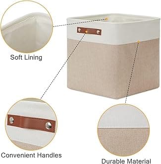 Mangata Collapsible Storage Cube Boxes, 33x38x33cm Linen Woven Fabric Storage Baskets with Leather Handles 4pcs (Light Khaki and White)