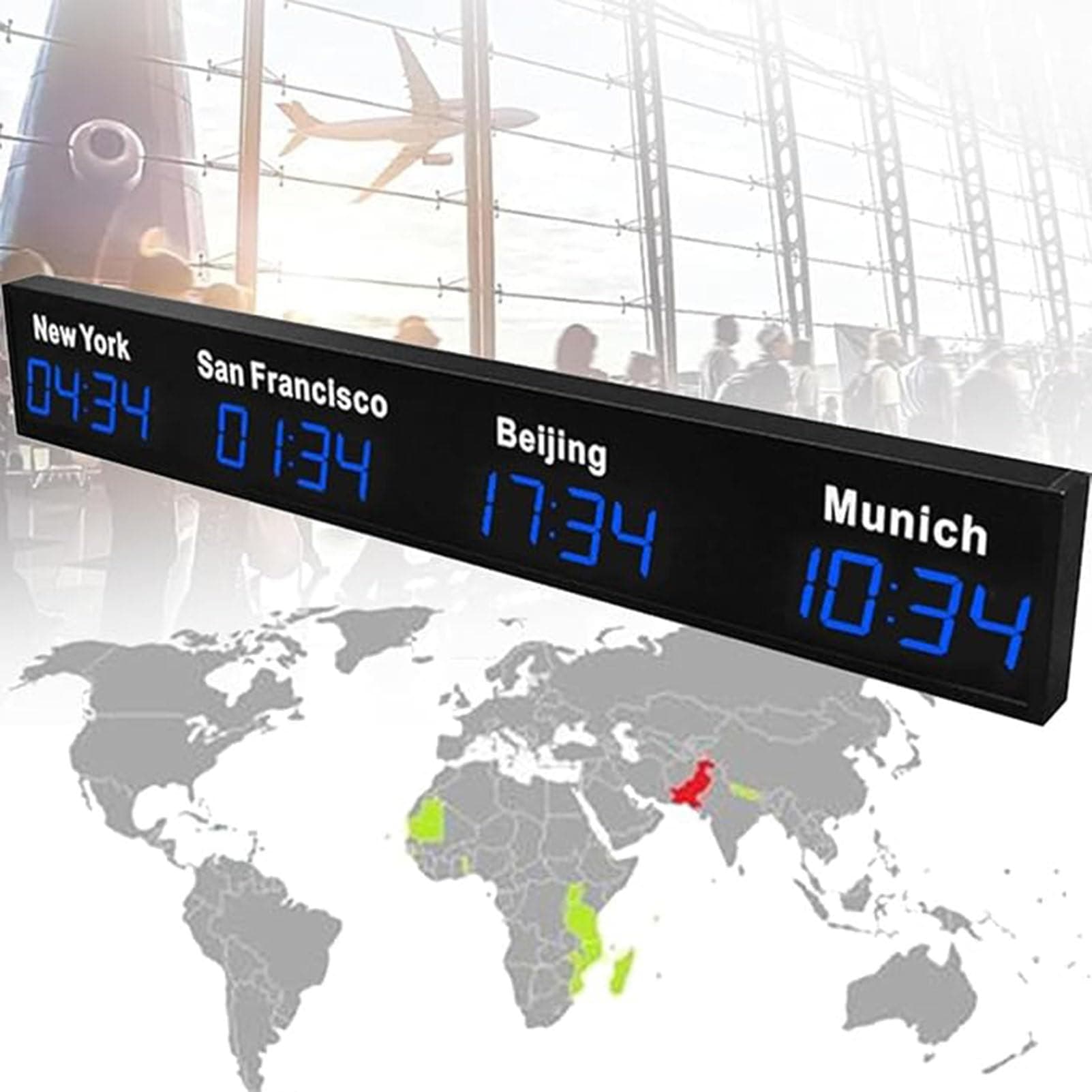Wall Mounted World Clock, 3/4/5 City Time Zone LED Digital World Time Wall Clock Indoor Multi Time Zone World Wall Clock for Multinational Enterprises/Office/Home/Living Room/School,Blue-4City