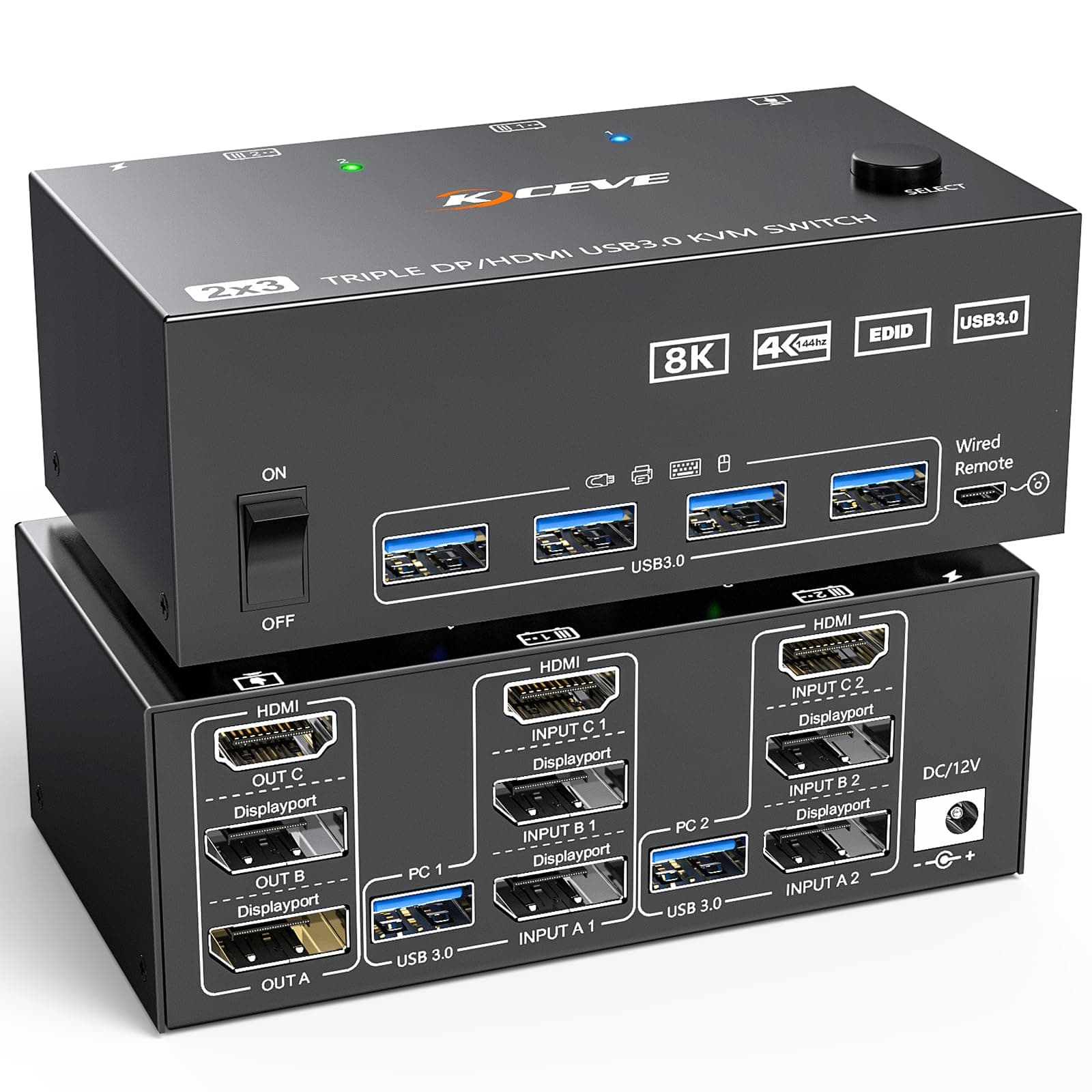 4K@144Hz KVM Switch 3 Monitors 2 Computers, HDMI+2 Displayport KVM Switch Triple Monitor for 2 Computer Share 3 Monitor and 4 USB3.0 Port, Supports Expanded and Duplicated Mode, With Wired Remote