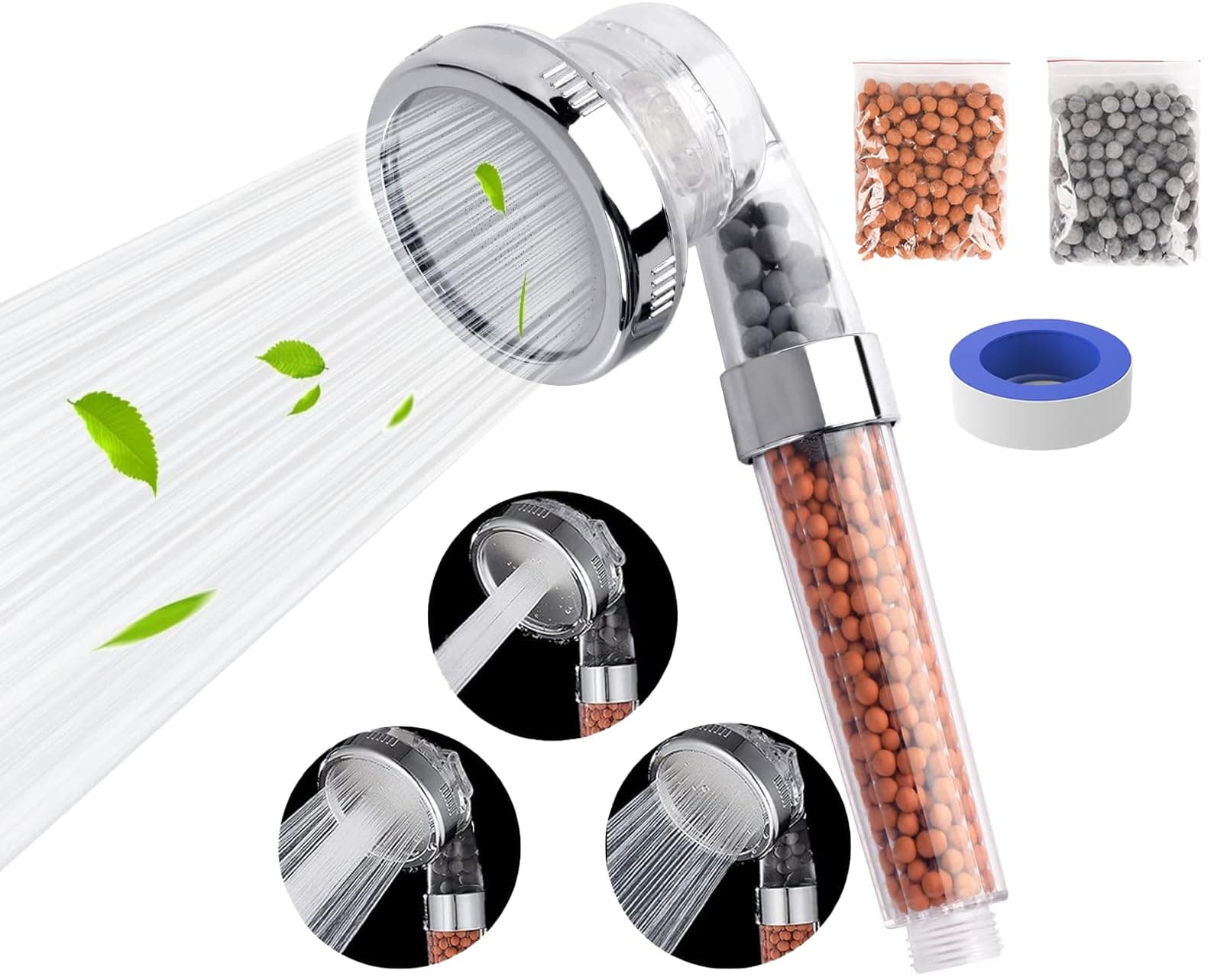 Filtered Shower Head, High Pressure 3 Modes Water Saving Ionic Shower Head Mineral Beads Removes Chlorine/Purifies Water Reduces Dry Skin/Hair Fall (Transparent 3 Spray Modes)