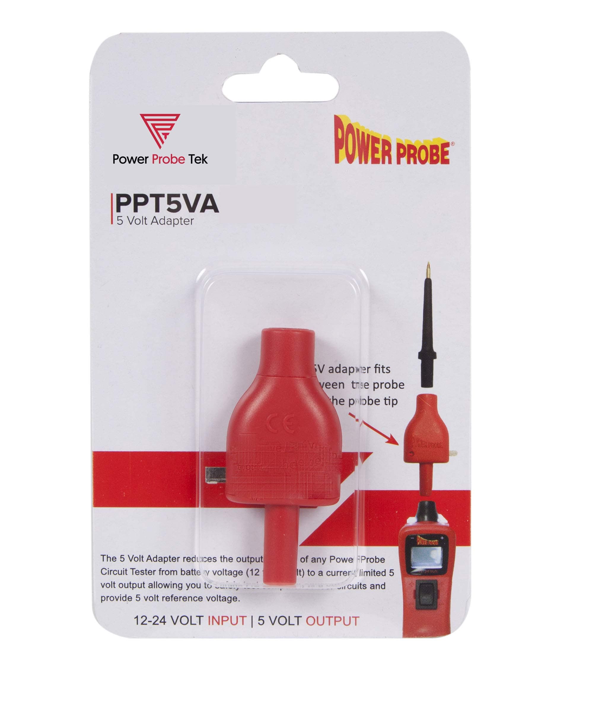 Power Probe 5 volt reference adapter will connect to any Power Probe Tek circuit-tester and limit the voltage to a5-volt reference