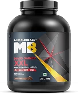 MuscleBlaze Mass Gainer XXL Powder, Chocolate (30 Servings, 3kg / 6.6lbs) | 18g Protein, 70g Carbs Per Scoop | High Protein with Complex Carbs & Digestive Enzymes