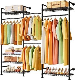 Wall Mounted Garment Rack, Heavy Duty Clothes Rack with 2 Expandable Rods, Metal Clothing Rack with 4 Rails and 6 Shelves, Adjustable Clothes Rack (Black, 240 x 30 x 220 cm)