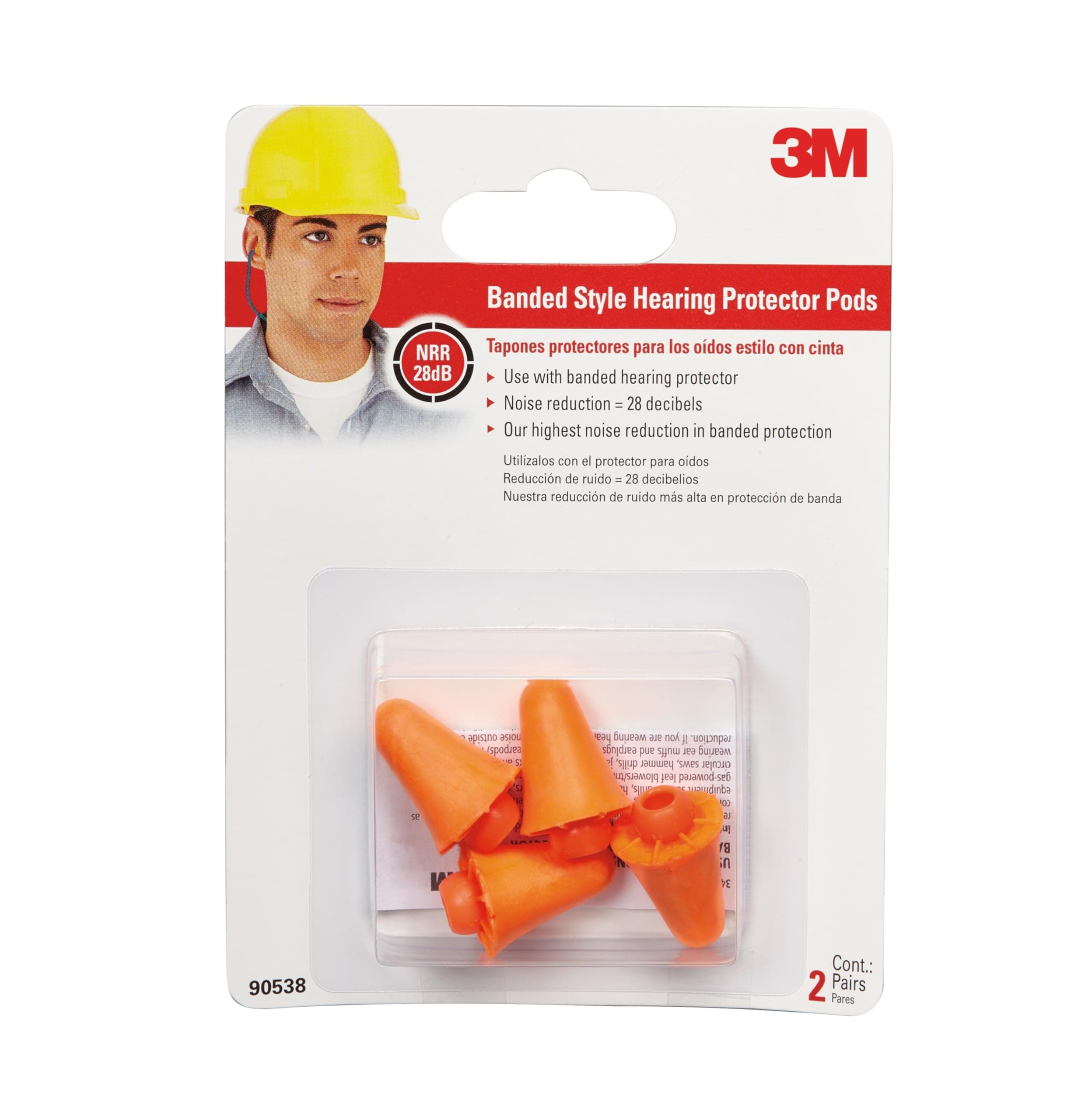 3M Replacement Pods for Banded Protector Model # 90537H1-DC, 2 Pairs (4 Total Pods), Noise Reduction Rating (NRR) 28 dB, Easy To Insert & Remove, Orange Ear Plug Replacements (90538-2-10DC)