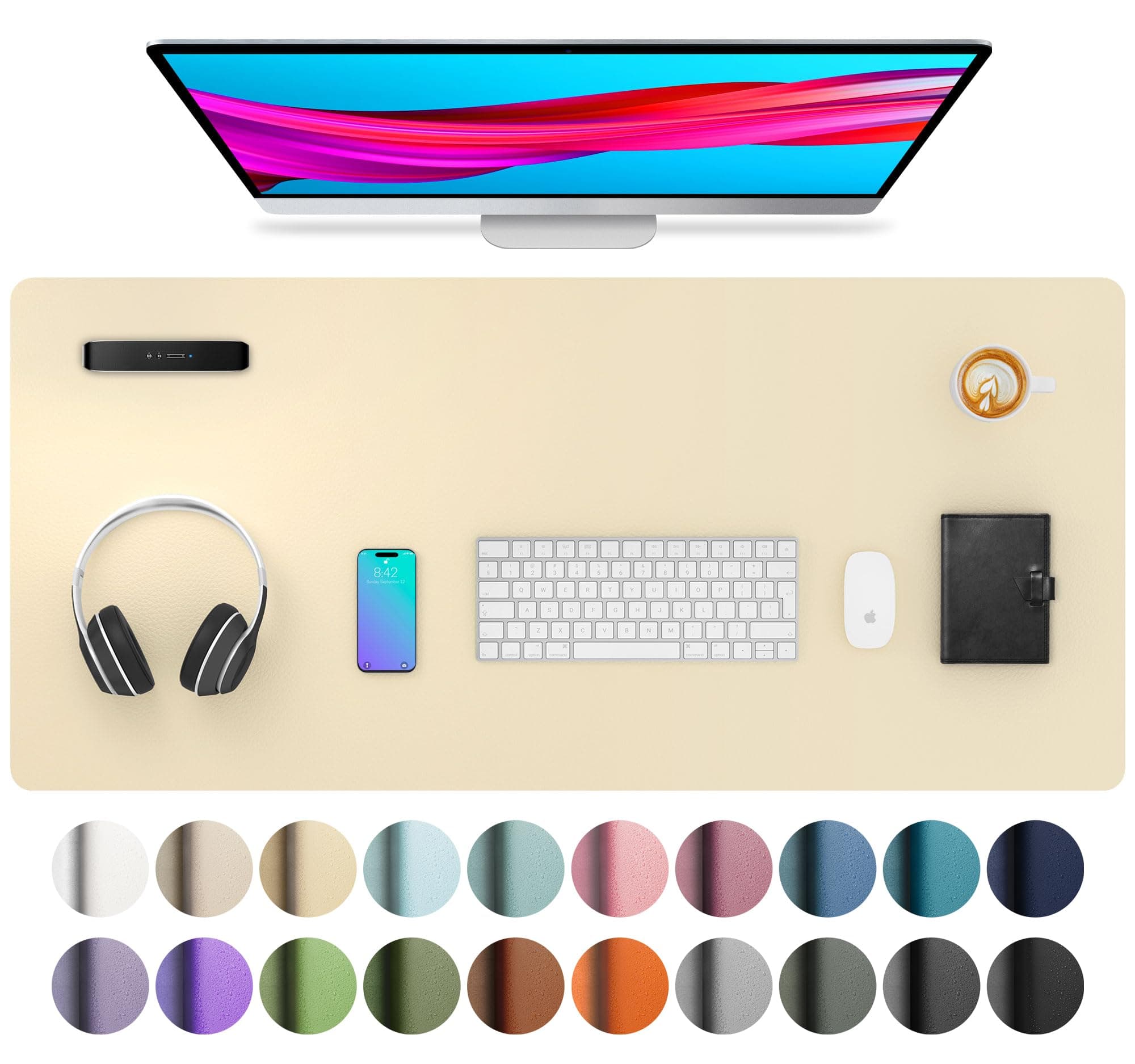 Aothia Leather Desk Pad Protector, Mouse Pad, Office Desk Mat, Non-Slip PU Leather Desk Blotter, Laptop Desk Pad, Waterproof Desk Writing Pad for Office and Home (36" x 17", Soft Yellow)