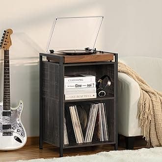 YAHARBO Turntable Stand, Record Player Stand, 3-Shelf Vintage Wood Grain Vinyl Record Holder with Storage, Vintage Record Stand Holds Up to 180 Albums, Record Table with Handle for Living Room, Bedroom, Office