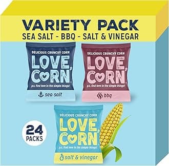 – LOVE CORN Variety Pack (8x Sea Salt, BBQ, Salt & Vinegar) – Healthy Snacks Ideal for Gluten Free & Vegan Diets – Low Sugar Alternative for Crisps, Mixed Nuts & Pretzels – Perfect To Graze On