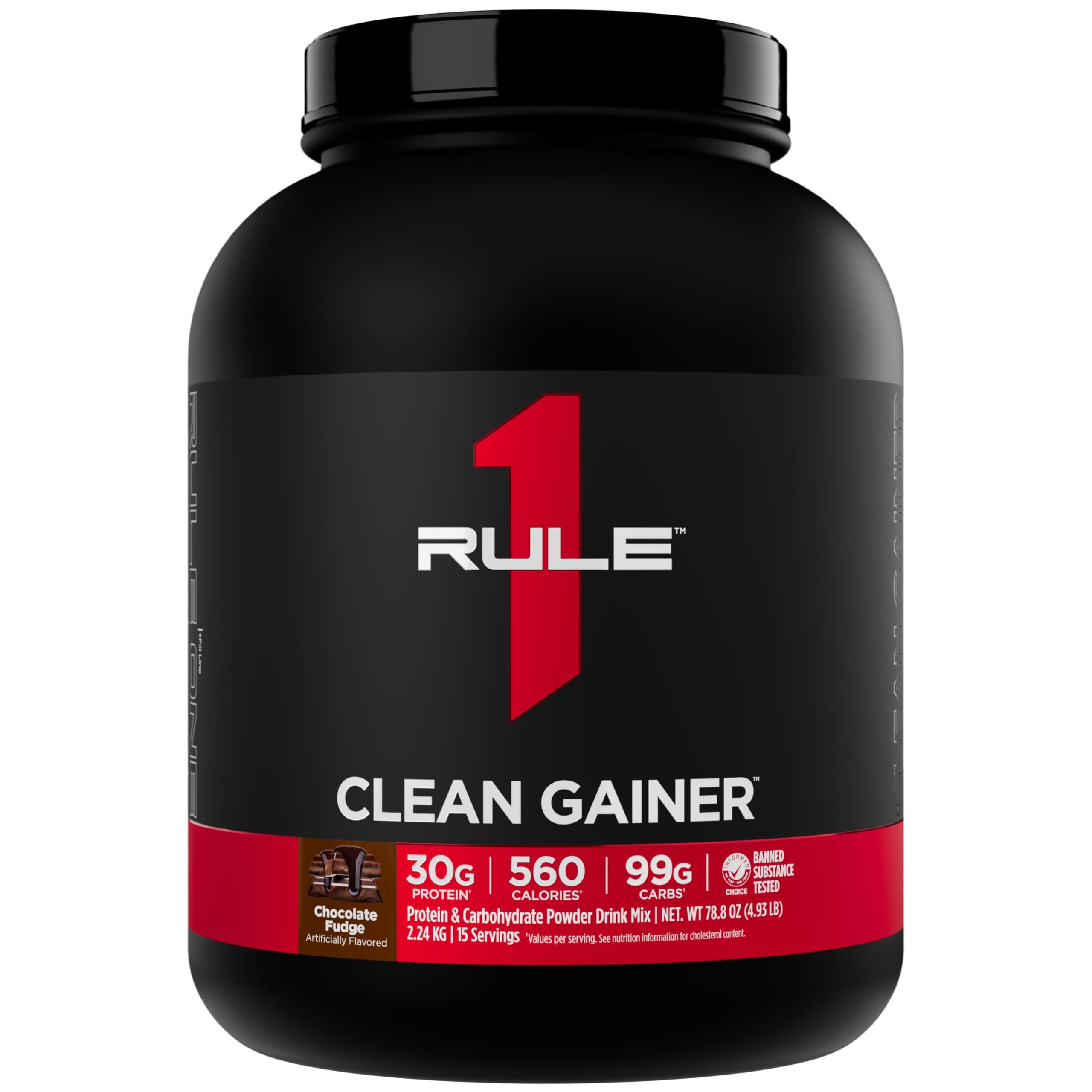 Rule 1 Proteins Clean Gainer - High-Protein Lean Gain Formula with 560 Calories, 30g of Full-Spectrum Protein, Over 90g Carbs, Under 6g of Fat (15 Servings, Chocolate Fudge)