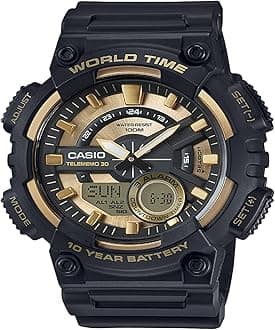 Casio AEQ110BW Series | Men’s Analog-Digital Watch |100M WR | Multi Alarms | 100 SEC Stopwatch | Countdown Timer | World Map for World Time | LED Light | LC Display | 10 Year Battery