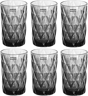 BINZO Color Water Glasses, Set of 6, 400 ml, Textured Grey Highball Colored Glassware, Drinking Tumbler Glass for Juice, Drinks, Home, Kitchen, Beverage, Gift (Grey, Long, 400 ml, Set of 6)