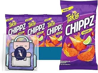 Takis - Lavinia Essentials Bundle: 4-Pack of Chippz Fuego Sharing Size Bag, Hot Chili Pepper Rolled Tortilla Chips 9.9 oz Bag + 1 Utility Prop