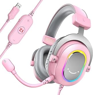 PC Gaming Headset, USB Wired Headset with Microphone, 7.1 Surround Sound, in-Line Control, Computer RGB Over-Ear Headphones for PS4/PS5, for Streaming/Game Voice/Video-AmpliGame H6 (Pink)