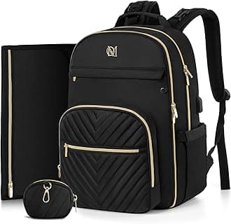 Diaper Bag Backpack, Quilted Baby Bag with Changing Pad and Stroller Straps, Black, Large, Modern