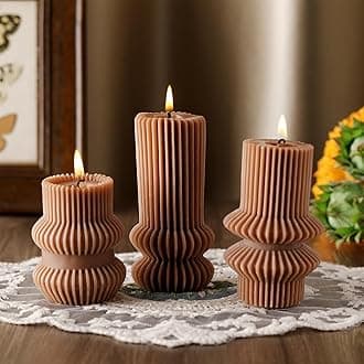 MTLEE 3 Pcs 4.7, 4.2, 3.2 in Height, Small Ribbed Pillar Candles Scented Aesthetic Modern Decorative Soy Wax Candles for Wedding Dinner Christmas Home Decor(Brown)