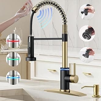 Touch On Kitchen Faucet, 3 Modes Pull Down Sprayer, Touch On Sensor Activated, LED Temperature Control, 360-Degree Rotation, 1 or 3 Hole Deck Plate. 10-Year Warranty.(Black/Gold,KW-66GR)