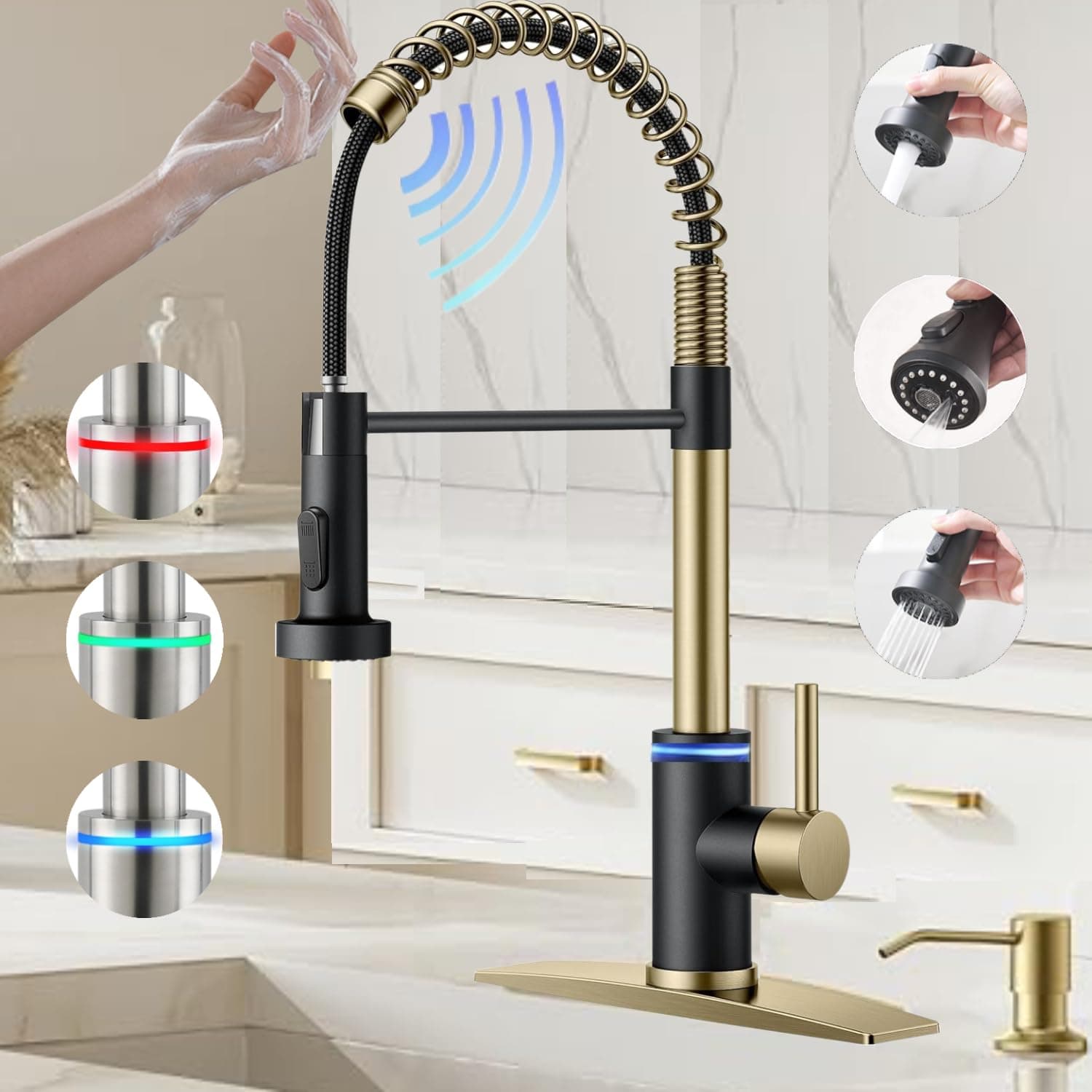 Touch On Kitchen Faucet, 3 Modes Pull Down Sprayer, Touch On Sensor Activated, LED Temperature Control, 360-Degree Rotation, 1 or 3 Hole Deck Plate. 10-Year Warranty.(Black/Gold,KW-66GR)