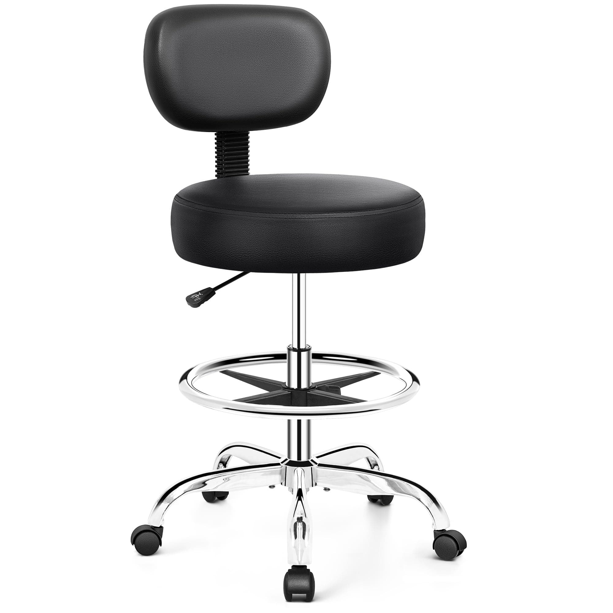 Drafting Chair with Backrest – Adjustable Foot Rest Rolling Stool with Wheels, PU Leather Swivel Stool for Office Spa Studio Lab Counter Salon Home Work Bar Kitchen Shop(Silver)