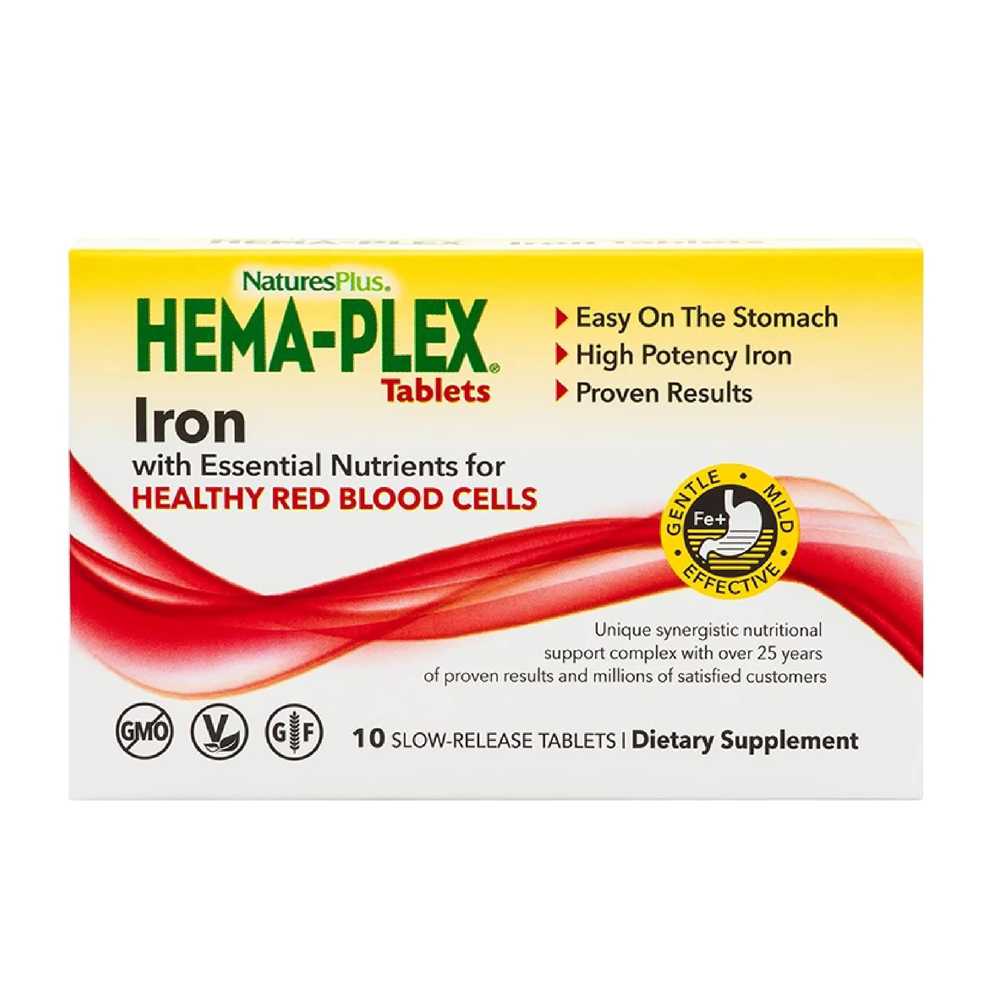 NaturesPlus Hema-Plex Iron - 10 Slow-Release Tablets - 85 mg Chelated Iron - Total Blood Health - with Vitamin C & Bioflavonoids - Vegan, Gluten Free - 10 Servings