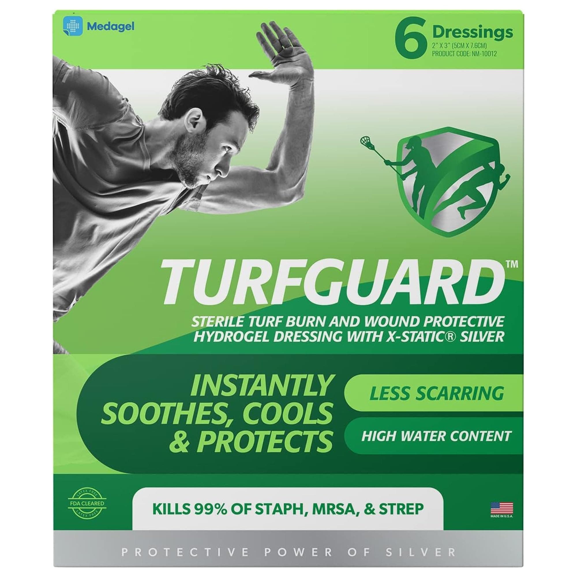 TURFGUARD Hydrogel Turf Burn Dressing with X-Static Silver – Cooling Relief, FDA Cleared, Antimicrobial Protection, & Moist Healing Patch for Burns & Wounds, 2" x 3" Dressings, 6 Pack, by Medagel