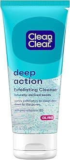 Clean & Clear Deep Action Exfoliating Facial Cleanser, Scrub & Face Wash, Pro-Vitamin B5, Lactic & Glycolic Acids, Oil-Free Gentle Daily Exfoliator for Soft, Smooth, Hydrated Skin, Vegan, 7 Fl Oz Tube