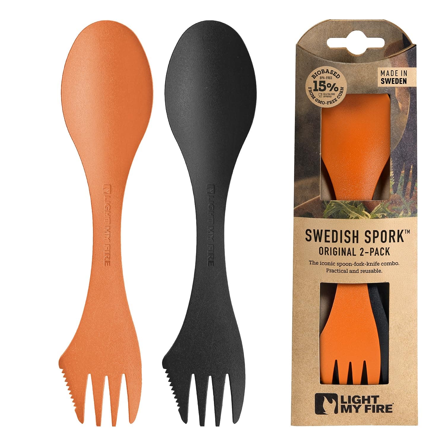 Light My Fire Spork Original 2-pack 3-in-1 Camping Spoon Fork Knife Combo Reusable Travel & Camping Utensils Lunch Spork Outdoor Backpacking Hiking Picnic Utensil BPA Free, Orange/Black