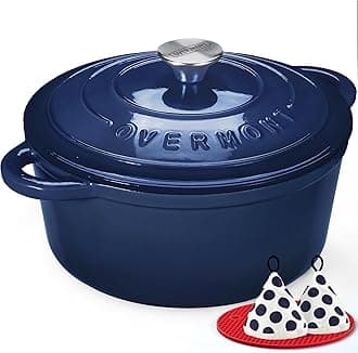 Enameled Cast Iron Dutch Oven - 5.5QT Pot with Lid Cookbook & Cotton Potholders - Heavy-Duty Cookware for Braising, Stews, Roasting, Bread Baking Indigo Blue