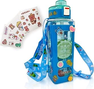 Cute Water Bottles Kawaii Water Bottle with Straw Portable Leakproof BPA-Free Drinking Bottle with Adjustable Shoulder Strap and Sticker - for Boys Outdoor Travel (Blue-24oz-Time Marker)