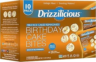 Drizzilicious Mini Flavored Rice Cakes Birthday Cake - Rice Crisps, Healthy Snack for Adults and Kids, Vegan, Gluten Free Snack, Allergen Free, Only 90 Calories Per Bag - 0.74 oz (Pack of 10)