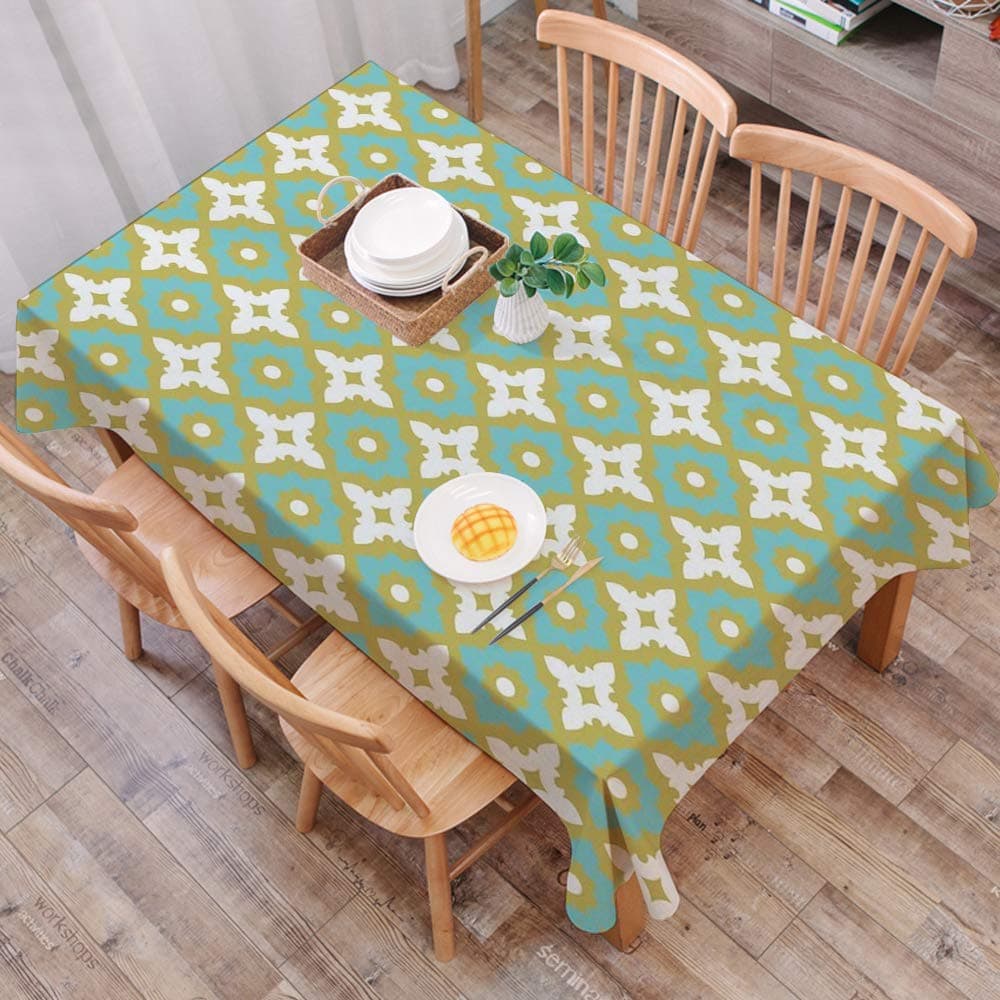 Heavy Weight Tablecloth for Rectangle,Ceramic Tile Decor,Floral Shaped Pastel Toned Ceramic Til,Table Wipe Clean Cotton linen Table Cloth Oil-Proof/Waterproof Stain-Resistant/Mildew-Proof (140x200 cm)