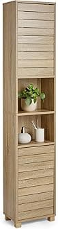 VonHaus Tall Bathroom Cabinet – Oak Wood Effect Bathroom Tallboy with Slatted Design - Tall Storage with 2 Handleless Cupboard Doors, 5 Internal & 2 Open Shelves - for Kitchen & Hallway - Chester