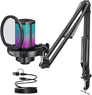 Gaming USB Microphone for PC, Computer Mic with Controllable RGB for PS4/5 Gamers, Podcast Mic with Boom Arm, Noise Cancellation, Mute Button, Gain Knob for Streaming Discord Twitch-UM2S