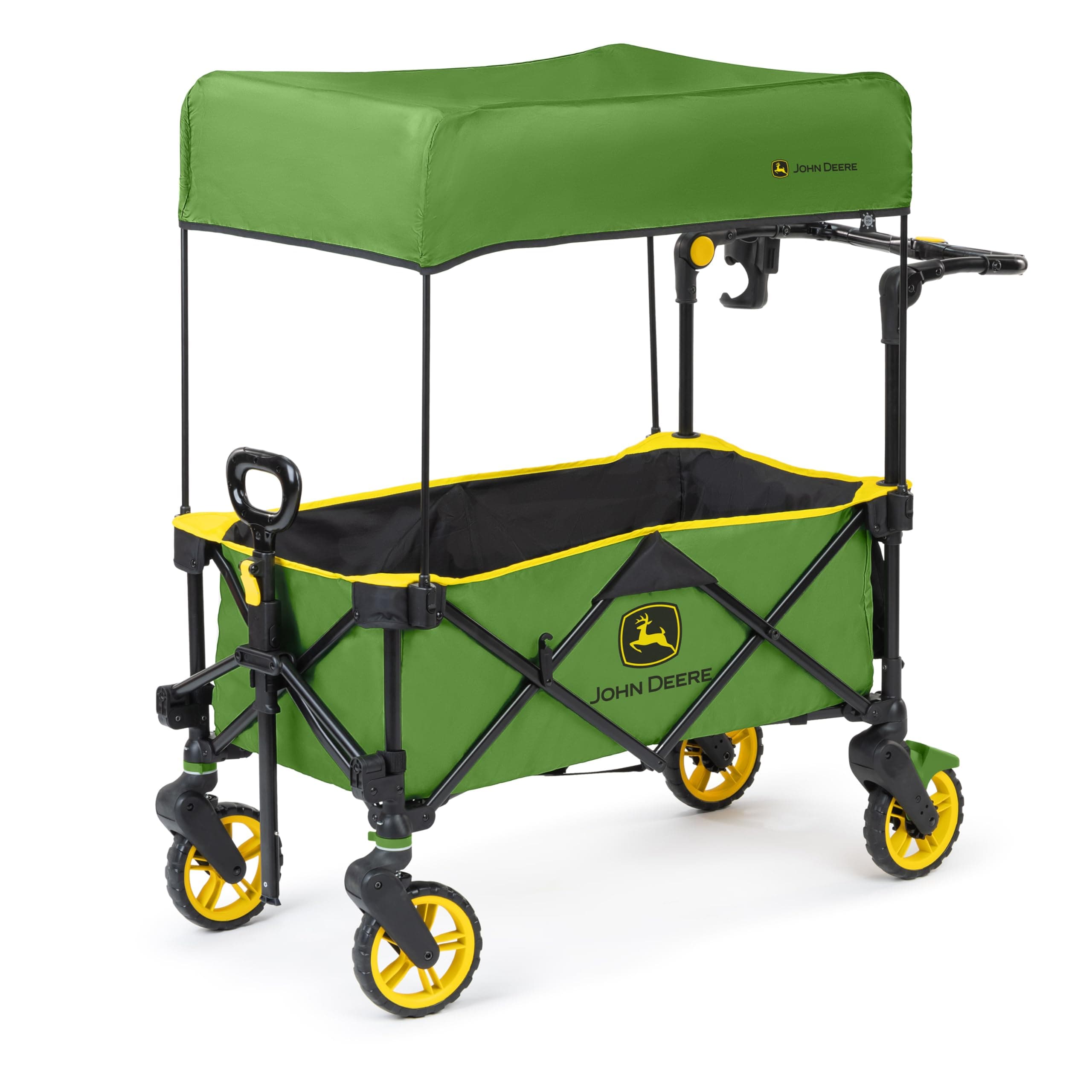 John Deere Pop 'N Ride Stroller Wagon, Foldable with Sun Shade 50+ SPF Protection, Seats 2 Kids at Once, Green & Yellow Unisex