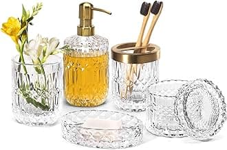 6PCS Bathroom Clear Glass Accessories Set (Lotion Soap Dispenser, Soap Dish, Toothbrush Holder, Tumbler, Cotton Swab Jar), Contemporary Modern Decor Crystal Vintage Gift (6pcs Clear)