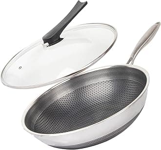 12.5" 316L Stainless Steel Honeycomb Non Stick Wok Pan Stir-fry Wok with Lid,Skillet with Stay-cool Handle PFOA Free Suitable for Induction, Ceramic, Electric, and Gas Cooktops