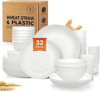 Teivio32-Piece Kitchen Plastic Wheat Straw Dinnerware Set, Service for 8, Dinner Plates, Dessert Plate, Cereal Bowls, Cups, Unbreakable Colorful Plastic Outdoor Camping Dishes,Clear