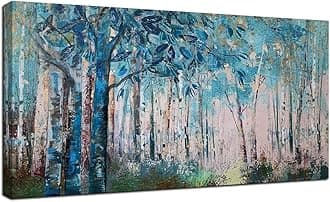 Ardemy Blue Tree Canvas Wall Art Forest Landscape Picture Modern Birch Trees Nature Teal Abstract Painting Artwork, Large Size Framed for Home Office Living Room Bedroom Bathroom Wall Decor 48"x24"