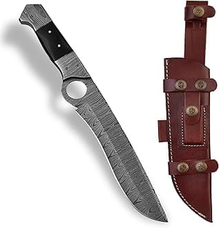 Handmade Damascus Hunting Knife with Scout Horizontal Carry Leather Sheath | Full Tang Fixed Blade Bushcraft, Camping, Skinning Knife | EDC Overall 13.5" Bowie Knife with sheath