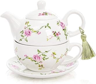 Tea for One Set, Porcelain Teapot Cup and Saucer Set with Tassel Vintage Floral Ceramic Tea Set for One for Women, Home, Office, Afternoon Tea, Rattan Flower Design
