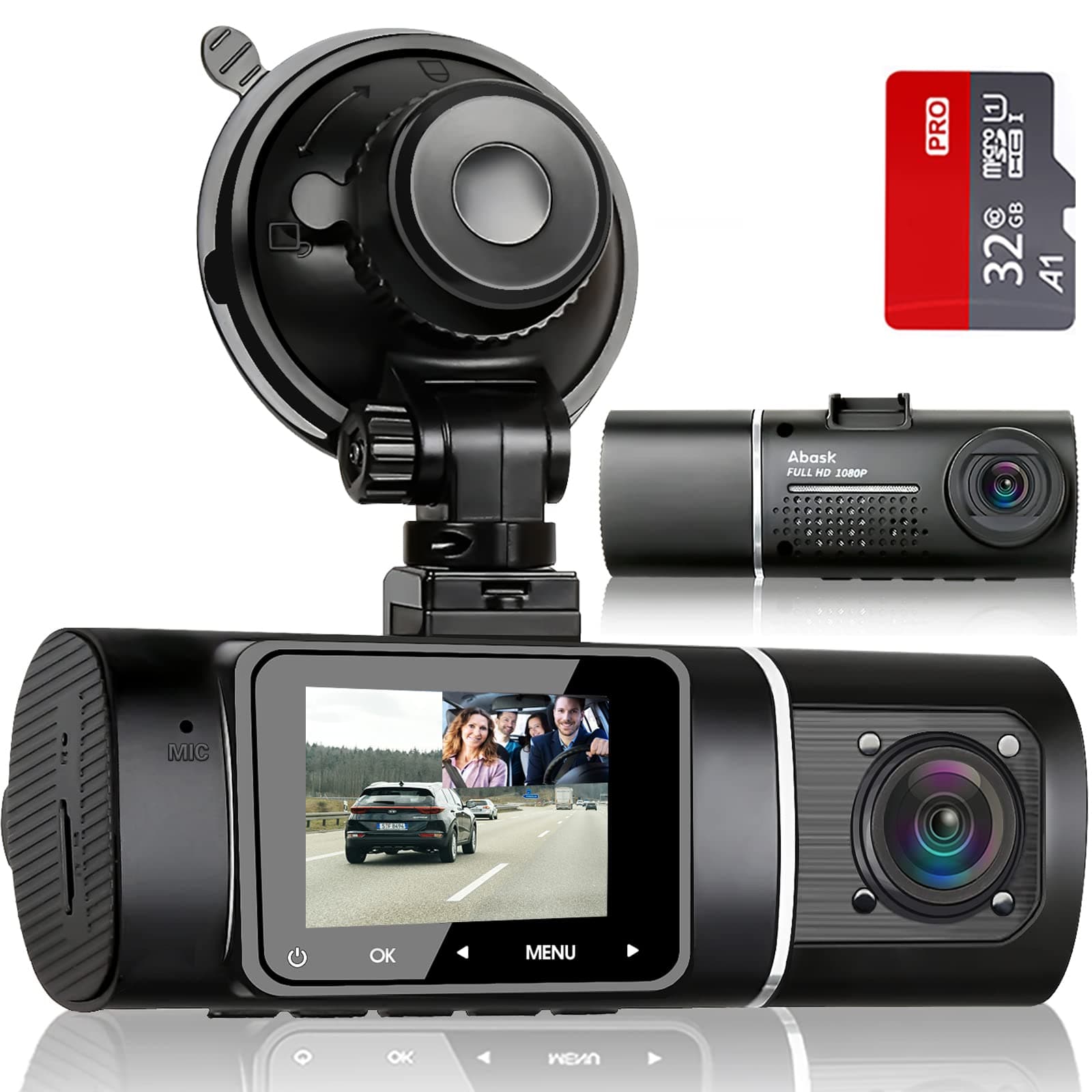 Dash Cam Abask,Dash cam Front and Rear Inside with 32G SD Card,1080P+1080P Dash Camera for Cars, 310° Wide Angle,Night Vision WDR G-Sensor Parking Monitor Loop Recording Motion Detector