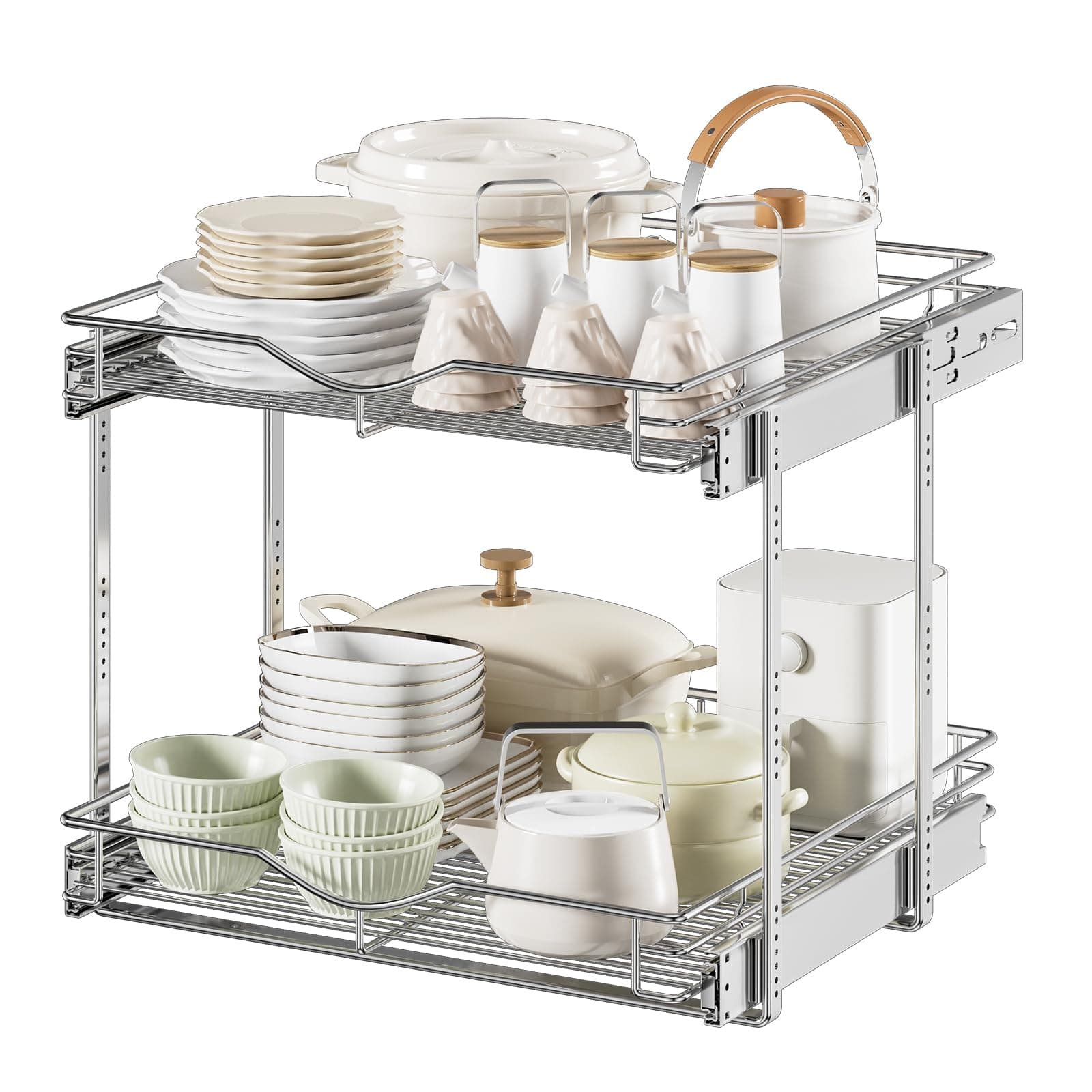 DINDON Pull Out Cabinet Organizer (22-1/2" W x 21-1/2"D), Cabinet Pull Out Shelves, 2 Tier Pull Out Drawers for Kitchen Cabinets, Wire Basket Slide Out Shelf, Pot and Pan Organizer