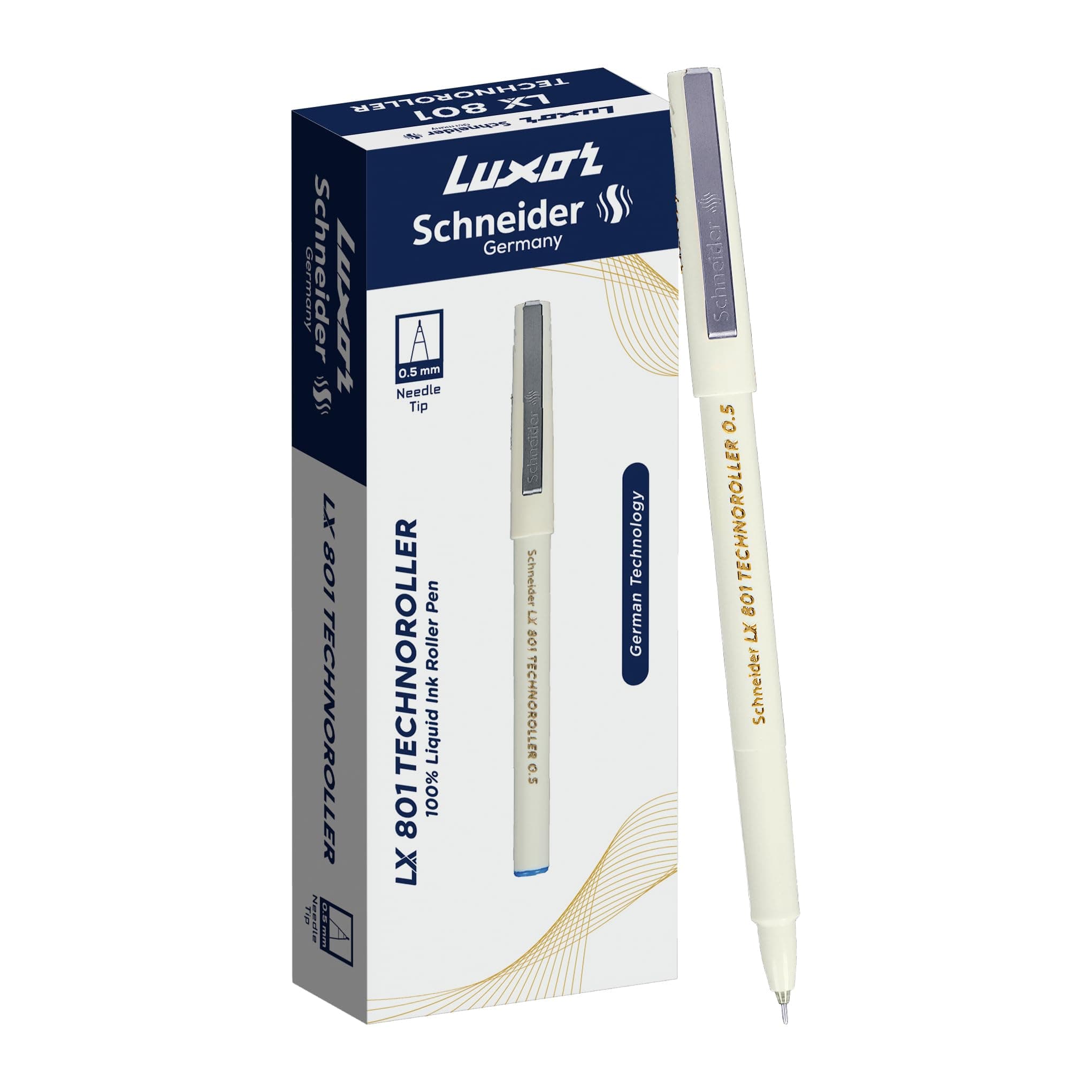 Schneider LX 801 Technoroller Roller Pen, 0.5 mm Needle Tip, 12 Units Pack, Ink Colour - Blue, 100% Liquid Ink, German Technology