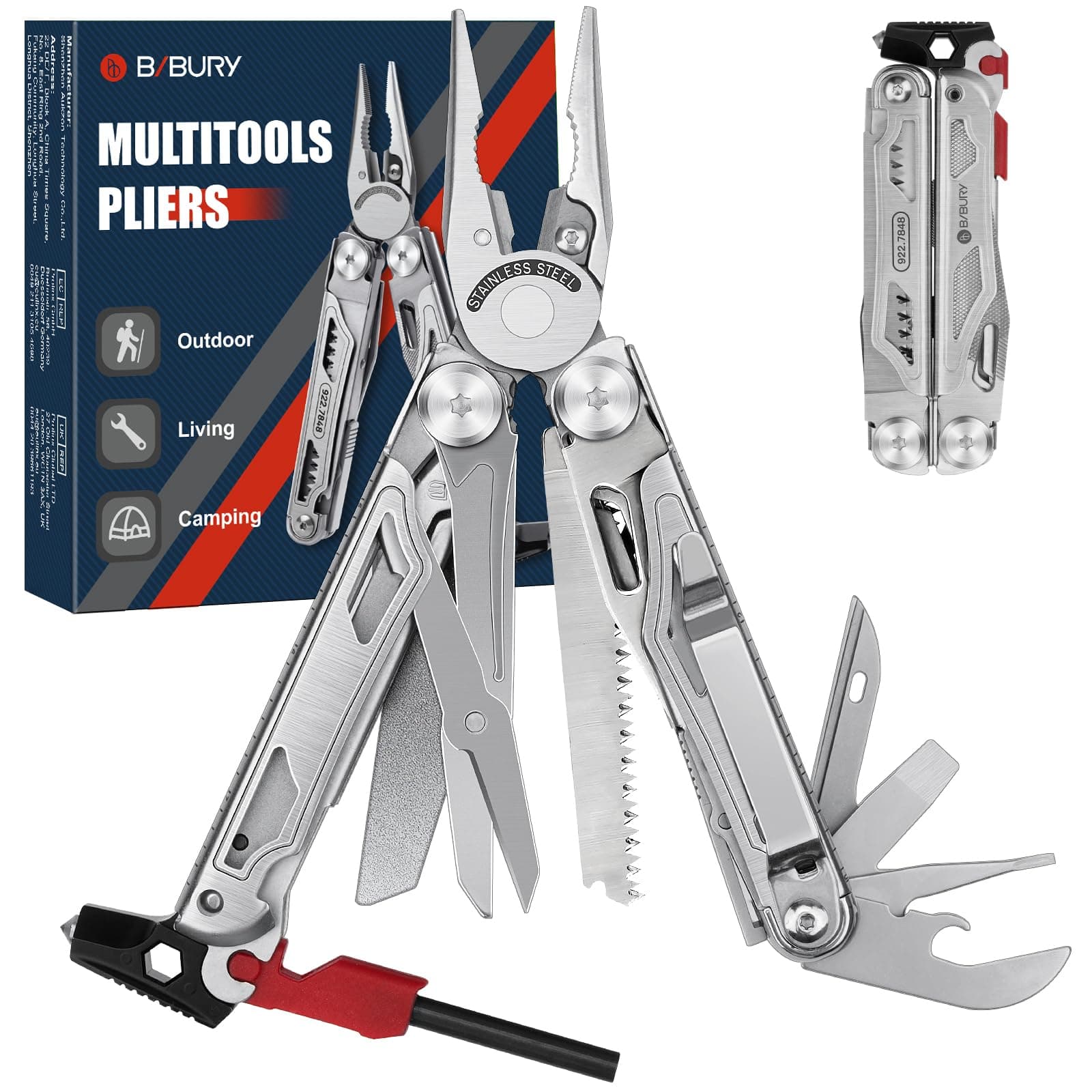 Multitools, Camping Multi Tool Foldable Pliers with Upgraded Scissors and Hammer, Stainless Steel Multitools with Nylon Pouch, Ideal for Outdoor, Hiking - Gift for Dad Men Christmas Gifts