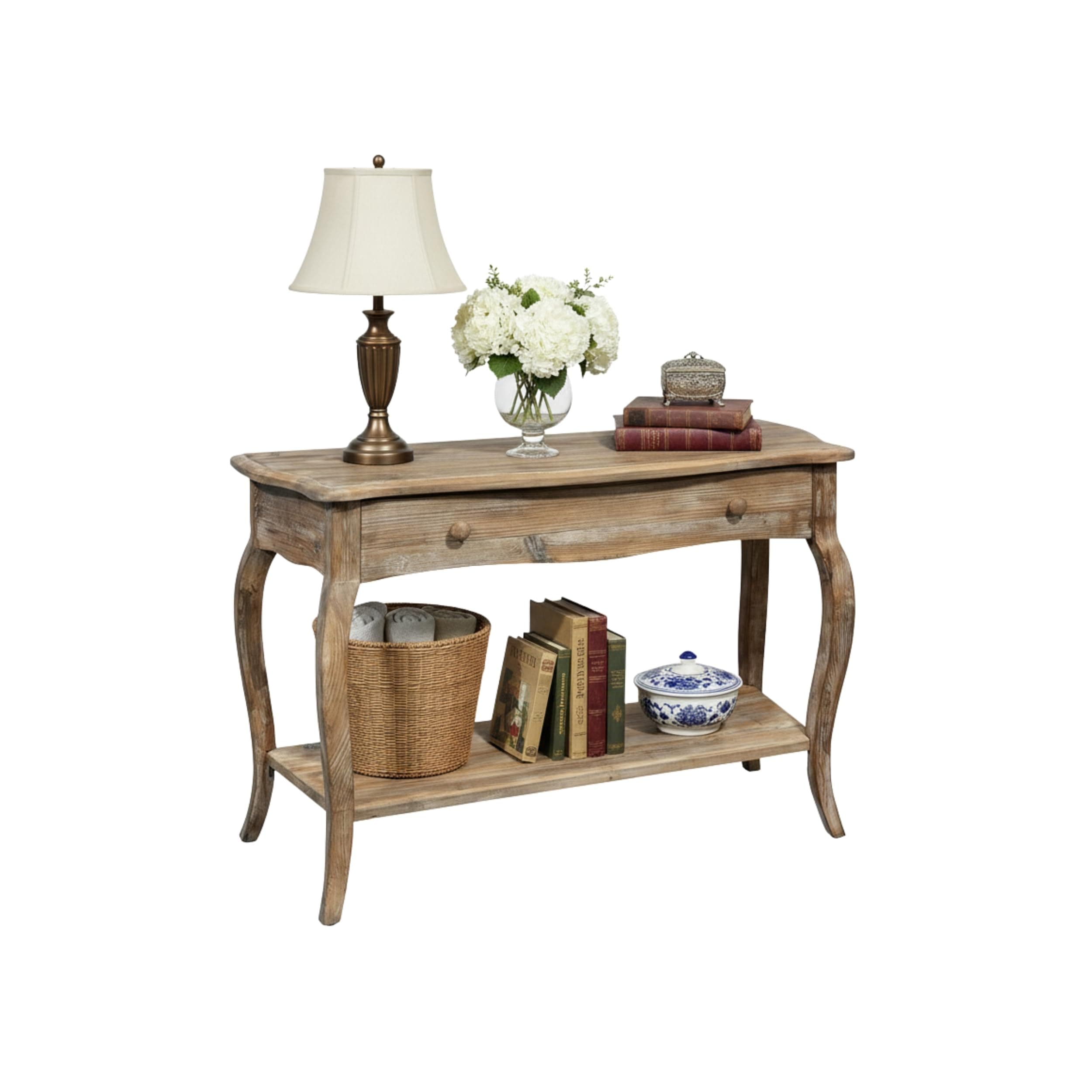 Austerity Rustic Console Table, 42 Inch with Curved Legs, Scalloped Edges, and Lower Shelf in Driftwood Finish - Natural and White Textured Antique Look Home Décor by Alaterre Furniture