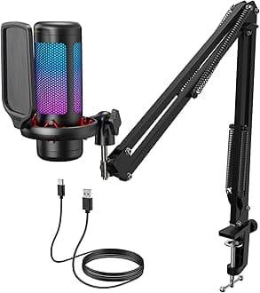 Gaming USB Microphone with Adjustable RGB Modes & Brightness, Condenser PC Mic with Boom Arm for Streaming Podcast Recording Studio Singing Youtube Compatiple with Computer/Laptop/Mac/PS4 TC310+