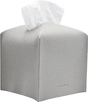Carrot's Den Tissue Box Cover Holder with Bottom/PU Leather Decorative Organizer for Bathroom, Car, Office/Modern Home Decor (Pastel Gray, Square)