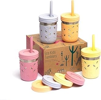 Elk and Friends 10oz Stainless Steel Kids + Toddler Drinking Cups | The Original Mason Jar with Sleeves + Lids | Silicone Straws | Smoothies | Storage Jar | Spill Resistant | Dishwasher Safe | 4 Pack