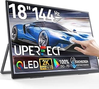 UPERFECT 18" QLED Touchscreen Portable Monitor, 2K 2560×1600 QHD 144Hz, 500 Nits, 100% DCI-P3, FreeSync HDR, Slim Frameless Laptop Display w/VESA & 180° Adjustable Stand, Second Screen for PC Phone