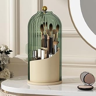 Makeup Brush Holder with Lid 360 Rotating Clear Dustproof Make Up Organizers for Vanity Bathroom Countertop, Green Beige