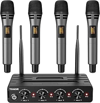 TONOR Wireless Microphones System with 4x10 Channels Cordless Handheld Microfono Inalambrico, 60 m/200FT UHF Range, Mics with Stable Signal Transmission for Karaoke Singing Party Church Wedding